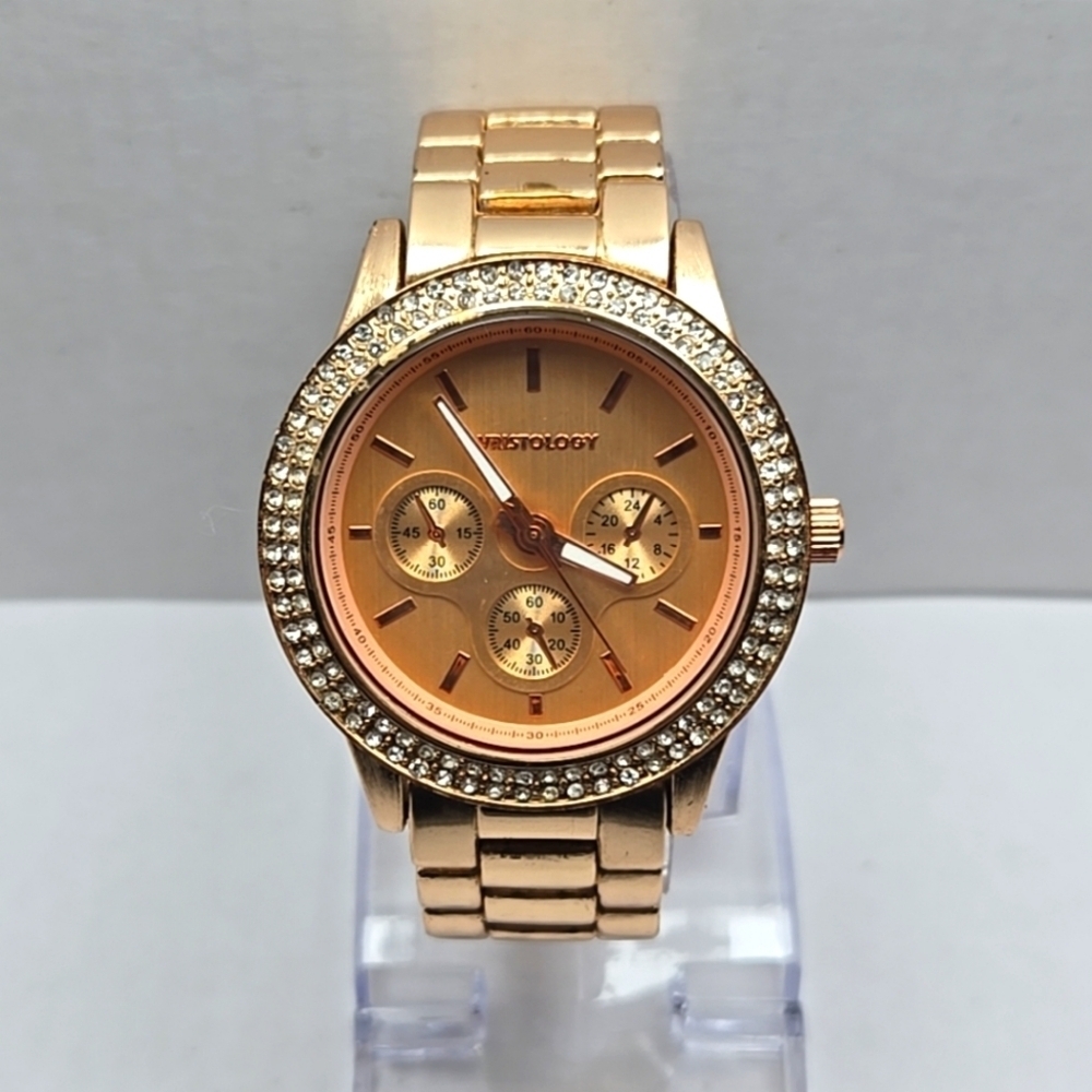 Womens Wristology Rose Gold Faux Chronograph Watch Crystals New Battery